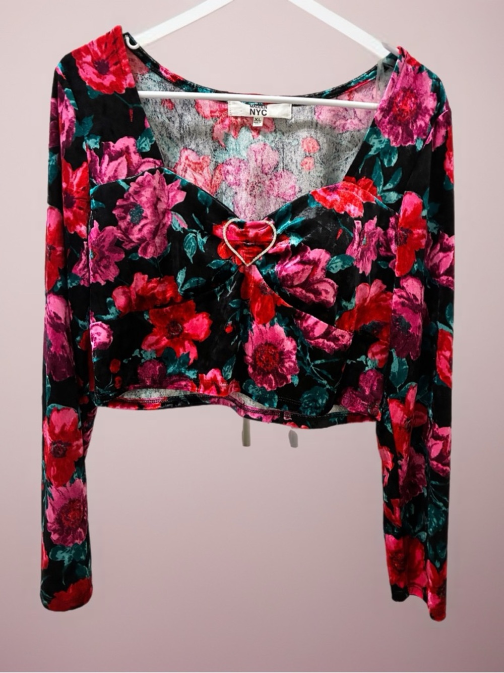 NYC Heart-Ring Floral Long Sleeve Crop Top - Pink & Red